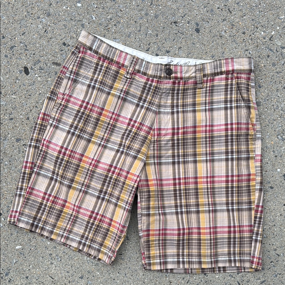 Eddie Bauer Brown and Red and tan plaid Flat Front Shorts